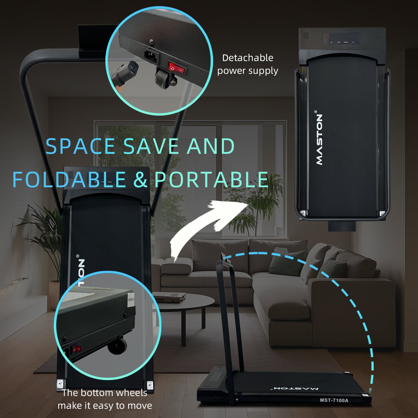 جهاز المشي المنزلي ماستون MST-T100A بقوة 3.0 حصان، مزود بلوحة مشي، يُوضع تحت المكتب
